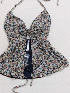 Y2K Backless Tie Up Knot Floral Halter Top
