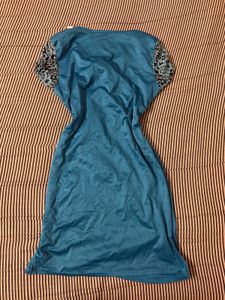 Elegant Teal Blue Wrap Dress with Lace Sleeves