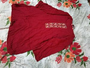 Maroon Embroidered Kurti with grey jeans