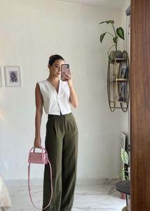 High-Waisted Wide-Leg Olive Trousers