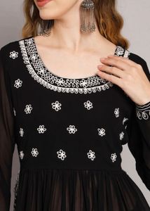 Elegant Black Kurta Set with White Embroidery