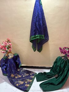 Royal Blue Pakistani Dress with Green Accents