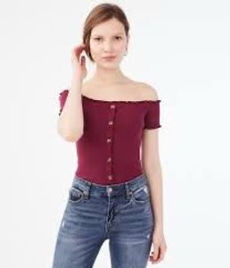 Maroon Off-Shoulder Button-Up Top