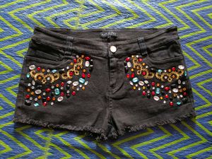 Embellished Black Denim Shorts