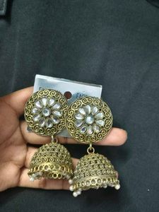 Gold Jhumka with White Stones