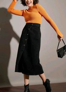Black Denim Front Slit Midi Skirt