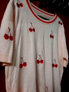 Cute Cherry Embroidered Shimmery Knit Top