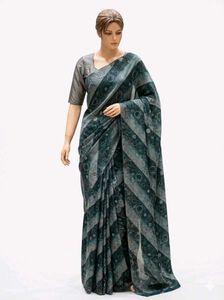Stylish Teal Geometric Print Saree