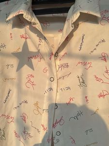 White Graphic Print Button-Up Shirt