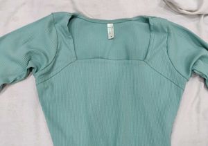 Teal Square Neck Long Sleeve Crop Top