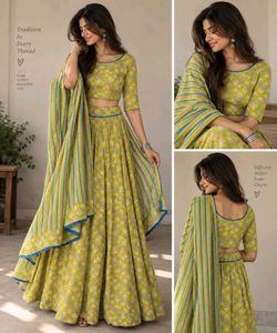 Elegant Yellow Block Print Lehenga Set