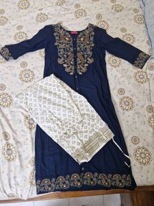 Navy Embroidered Kurta With Palazzo Set