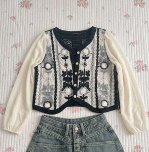 Embroidered Sheer Sleeve Cropped Cardigan