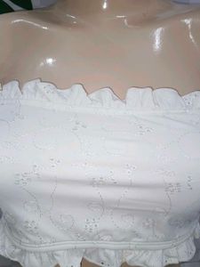 (100)White Ruffle Trim Tube Top