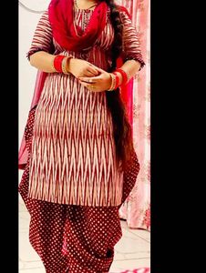 Red & White Cotton Salwar Kameez Suit