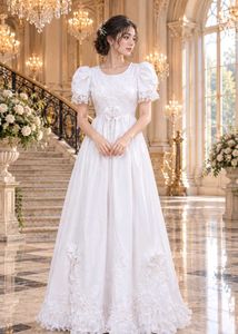 Elegant White Lace Puff Sleeve Gown