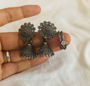Oxidized Silver Jhumka Earrings &amp; Ring
