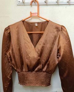 Satin Smocked Waist Wrap Top