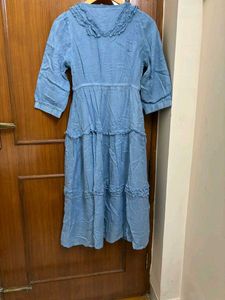 Blue Tiered Midi Dress with Ruffle Collar