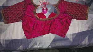 Rose Silk blouse with Zari &amp; Emerald Stone