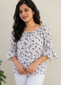 FIG Floral White Tie-Up Top(without pants)| Size S