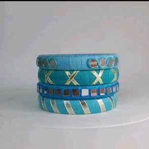 Set of 4 Blue Thread Bangles with Mirror Work🩵