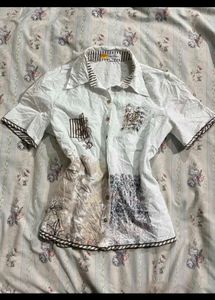 White Patchwork Short Sleeve Button-Up Shirt
