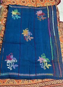 Beautifully Designed Kantha Stitch Blue Saree