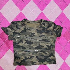 Camouflage Cropped Top with Zipper Detail