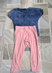 Trendy Blue Washed Tee & Pink Joggers Set