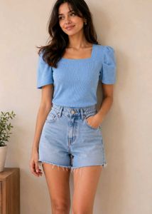 Light Blue Puff Sleeve Square Neck Top