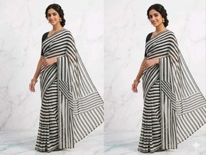 Chic Black & White Striped Saree