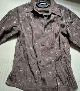 90s Vintage Linen Blend top: Brown Floral Embro
