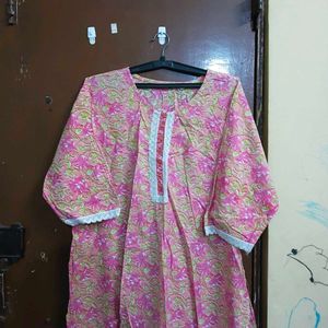 Pink Floral Print Kurta with White Lace (2 kurti)