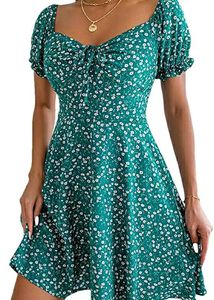 839. Chic Green Floral Puff Sleeve Dress