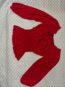 Red Smocked Long Sleeve Top