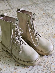 Cream Lace-Up Combat Boots