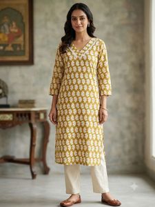 Yellow Printed Cotton Kurti