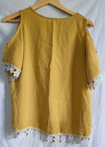 Korean Mustard Cold Shoulder Top with Lace