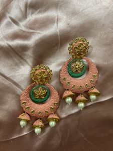 Beautiful Pink &amp; Green Jhumka Earrings