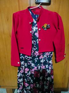 Floral Dress with Red Jacket