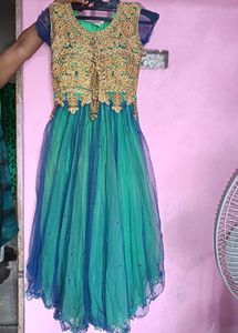 Elegant flared teal blue and green embroidery gown