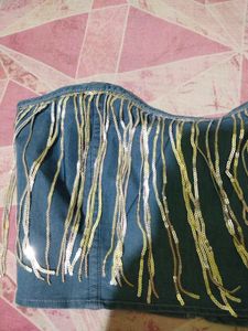 shein Denim Beaded Fringe Tube Top