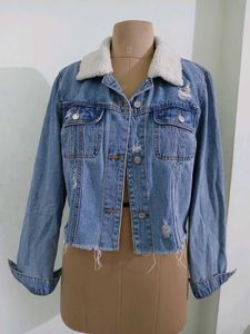Distressed Denim Jacket with Sherpa Collar