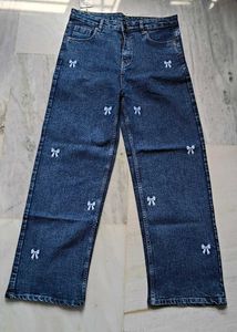 Cute Bow Embroidered Wide Leg Jeans