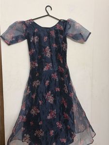 Chic Navy Floral Print Ethnic Gown