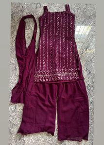 Embellished Kurta Set with Palazzo & Dupatta