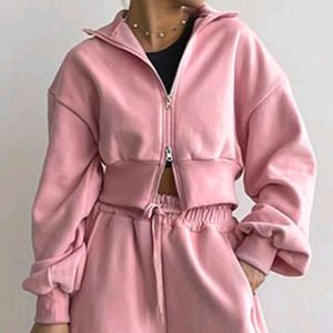 Pink Cropped Zip-Up Hoodie