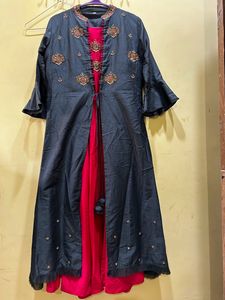 Grey & Magenta Kurta-Long Coat Set Size XL