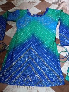 Vibrant Blue &amp; Green Bandhani Tunic kurta